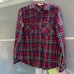 Red plaid button down with open neckline